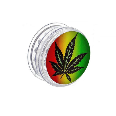 Metal herb grinder with rasta lid and cannabis leaf print design for effortless grinding