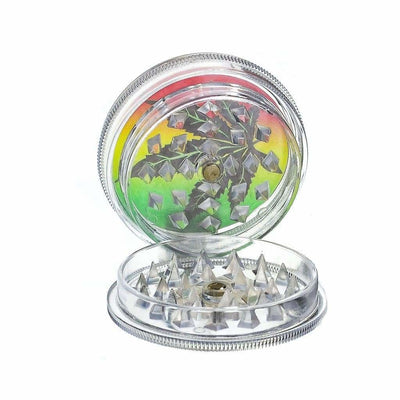 Clear plastic herb grinder leaf with vibrant rainbow leaf print design on top