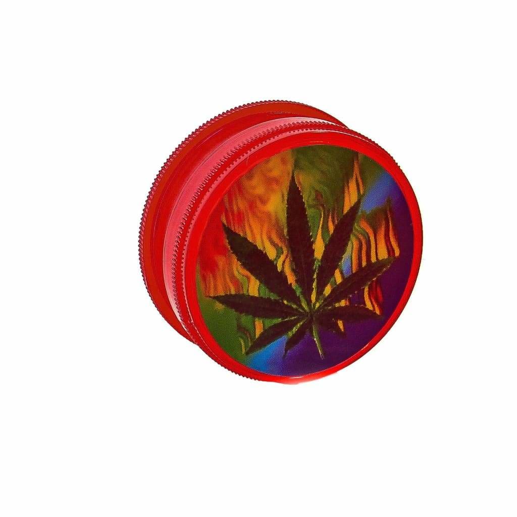 Red Acrylic Herb Grinder Leaf Print with cannabis leaf design on top