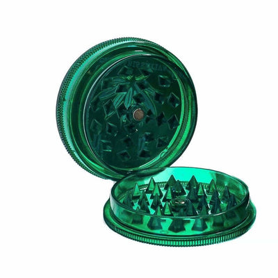 Green transparent Acrylic Herb Grinder with leaf print and sharp teeth inside
