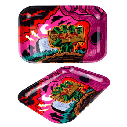 Limited Edition Raw Zombie Large Rolling Tray with Psychedelic Art, Papers, and Money