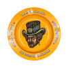 Bright orange Lion Rolling Circus ashtray with a stylized face in an ornate top hat