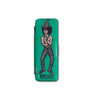 Green pencil case with a unique circus cover featuring a shirtless figure in patterned pants