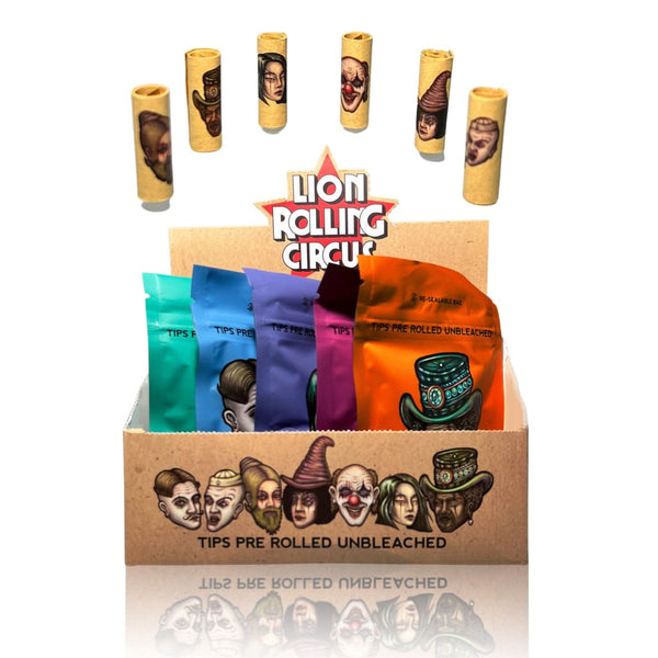 Lion Rolling Circus unbleached filter tips with unique character designs in display box