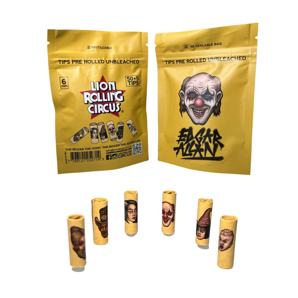 Lion Rolling Circus Unbleached Filter Tips with circus-themed packaging and designs