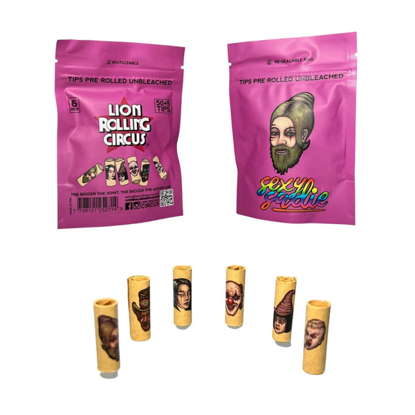 Lion Rolling Circus unbleached filter tips, pink packaging with colorful character designs