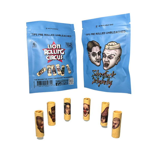 Lion Rolling Circus unbleached filter tips with unique cartoon face designs on packaging