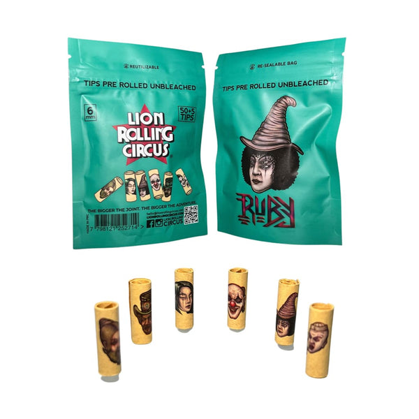 Lion Rolling Circus unbleached filter tips in circus-inspired packaging for smoking essentials