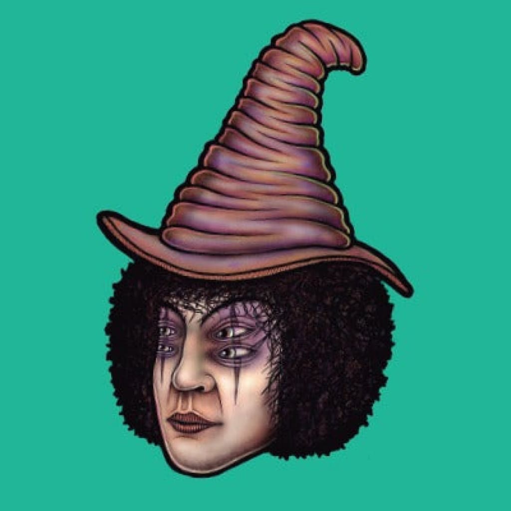 Stylized witch head in Lion Rolling Circus Silver Line hat