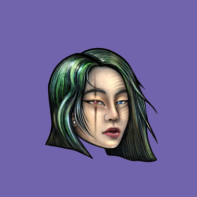 Stylized woman with green hair and heterochromic eyes on Lion Rolling Circus Silver Line papers