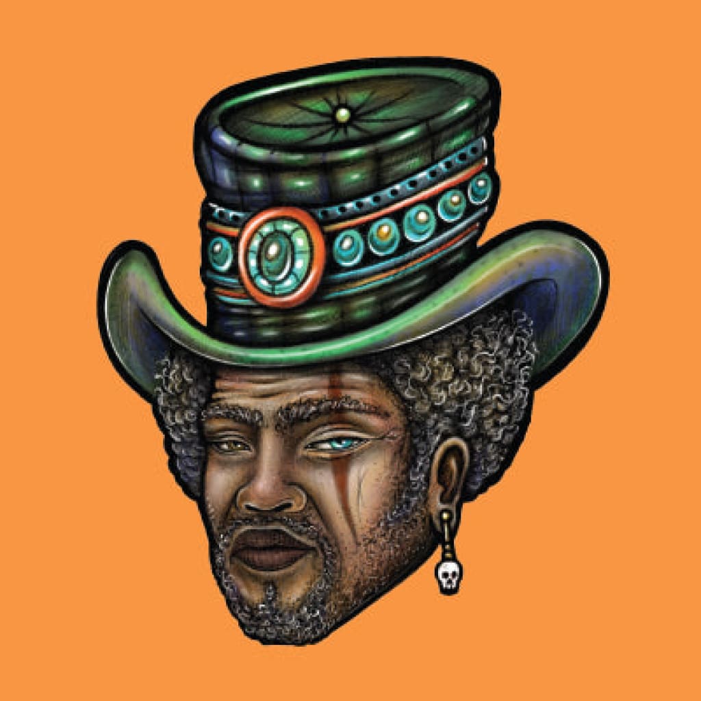 Stylized man in ornate dark green Lion Rolling Circus Silver Line top hat