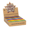 Display box of Lion Rolling Circus King Size unbleached papers in vibrant colors