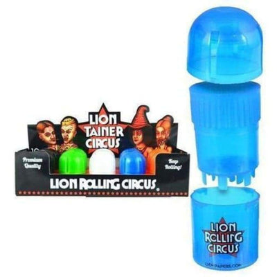 Blue Lion Tainer Circus stash container and grinder with a dome-shaped top labeled ’Lion Rolling Circus’