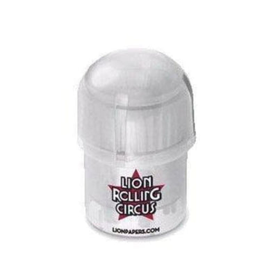 White plastic Lion Tainer Circus stash container with ’Lion Rolling Circus’ logo