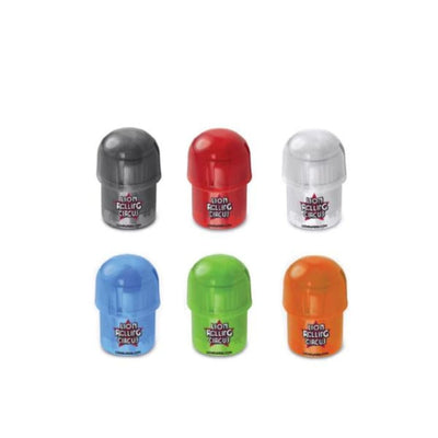 Colorful Lion Tainer Circus rolling glue sticks in airtight stash containers & grinder mills