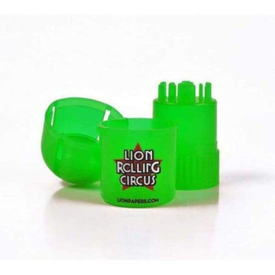 Bright green Lion Tainer Circus plastic grinder with multiple compartments for stash containers