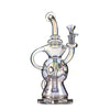 Iridescent Recycler With Internal Fab Egg Design showcases intricate glasswork and curved mouthpiece