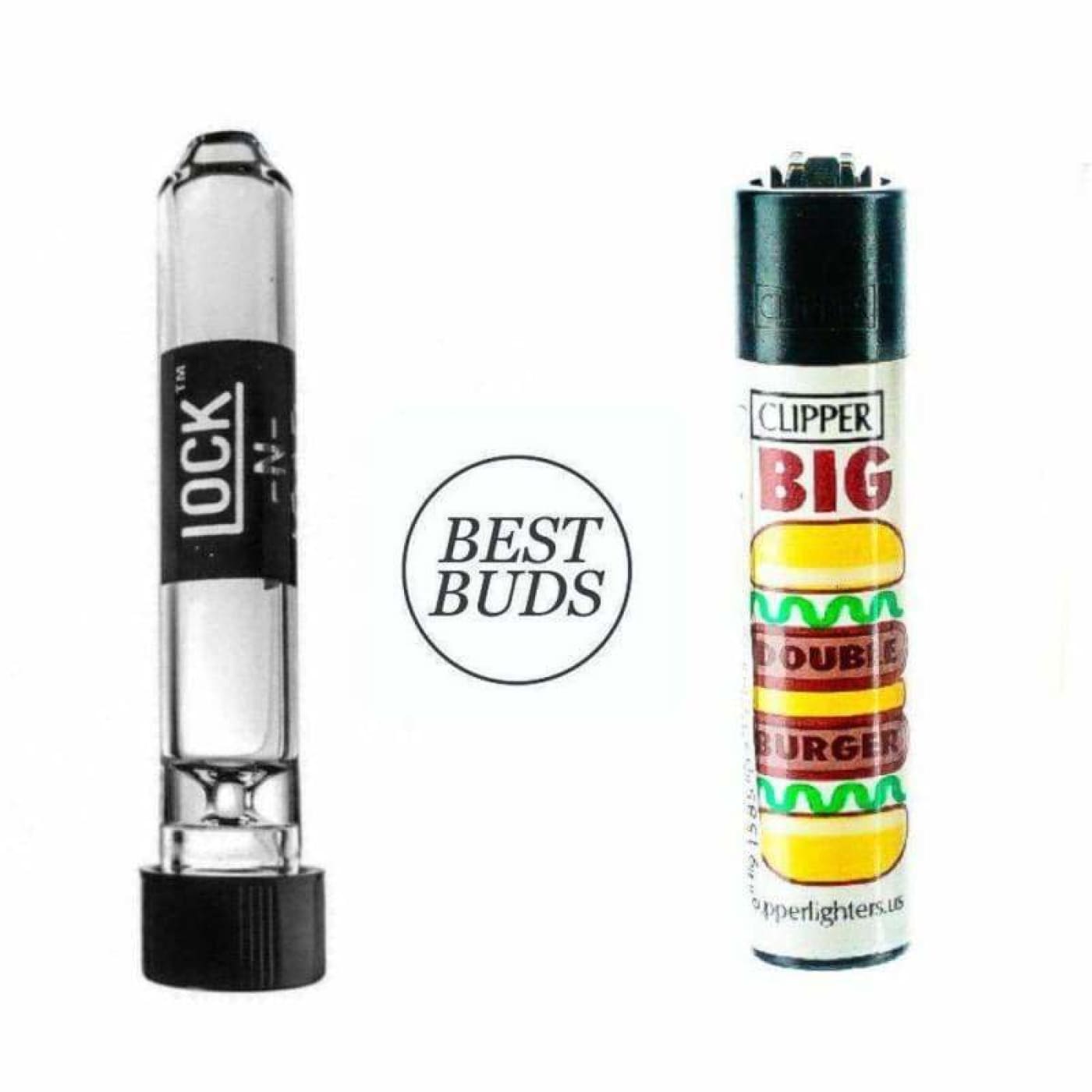 Glass pipe and burger-themed lighter for the Lock n Load One-hitter Glass Pipe and Chillum