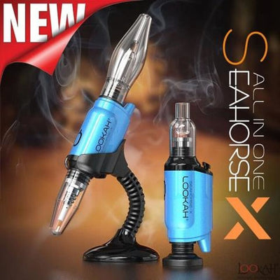 Lookah Seahorse concentrate vaporizer with blue body & clear tank in two configurations