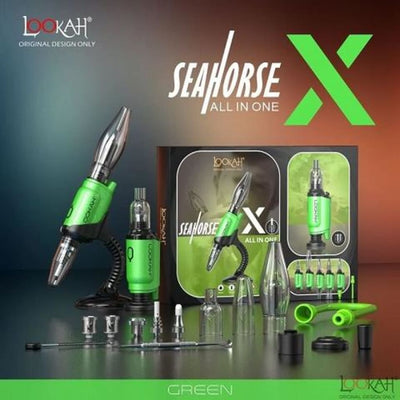 Tattoo machine kit with Lookah Seahorse concentrate vaporizer components in green and silver colors