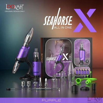 Lookah Seahorse concentrate vaporizer kit with purple and silver device, attachments, and accessories