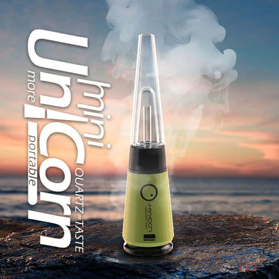 Unicorn Mini: Portable electric dab rig with clear conical top and yellow-green body