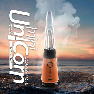 Unicorn Mini: Portable electric vaporizer with clear conical top and orange body