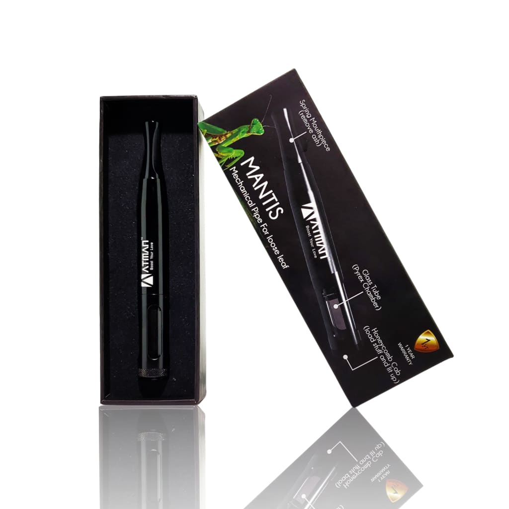 Black Atman Mantis Portable Mechanical Metal Smoking Pipe with retail packaging box