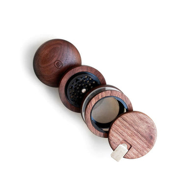 Wooden Marley Natural Grinder disassembled, showcasing sustainably sourced black walnut components