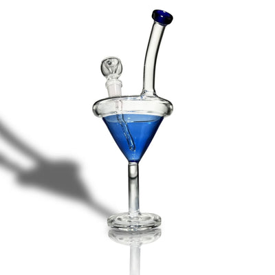 Martini water pipe with blue liquid in triangular base; perfect for hands-on smoking experience