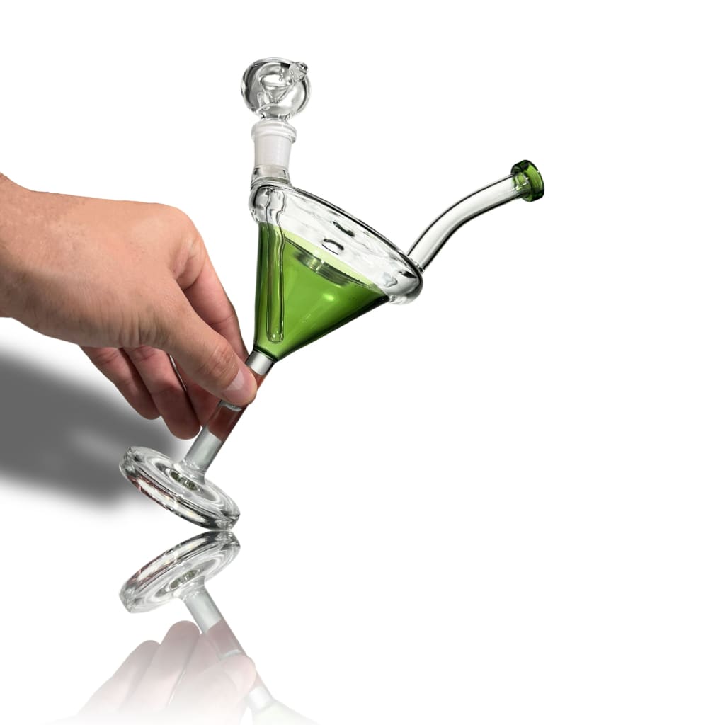 Martini water pipe: Uniquely designed glass with green liquid and built-in borosilicate straw