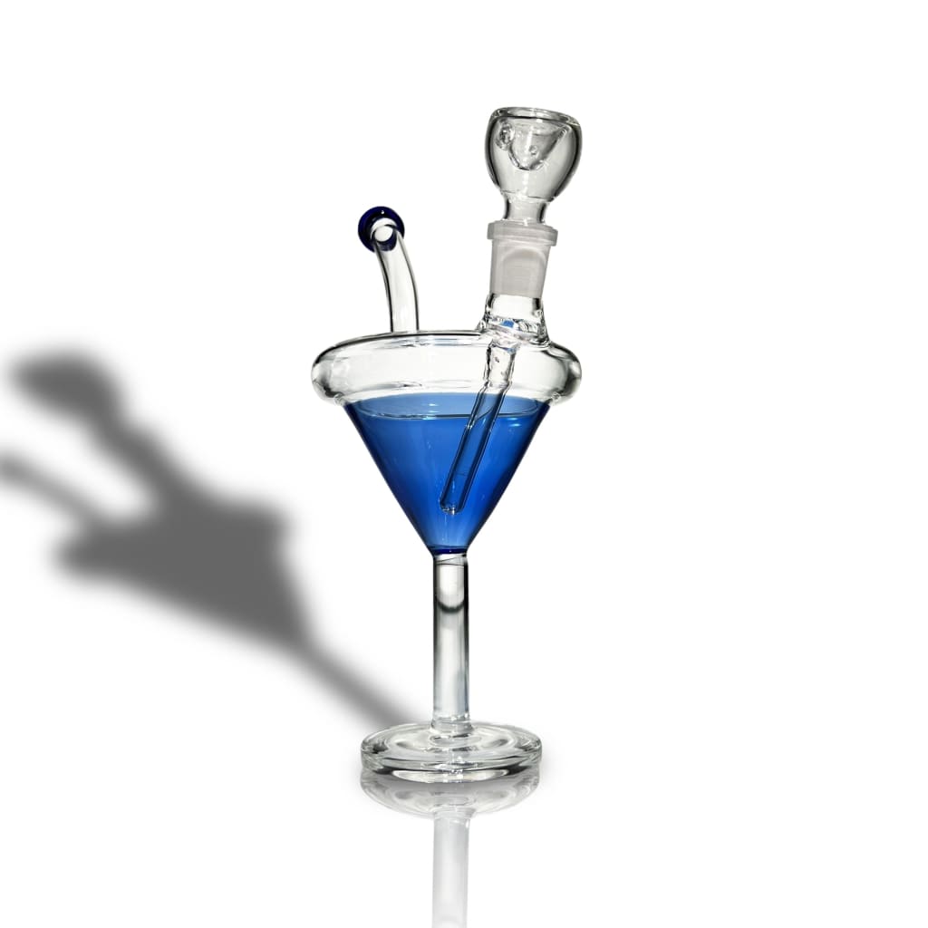 Glass martini water pipe with blue liquid, decorative stopper, and borosilicate glass straw
