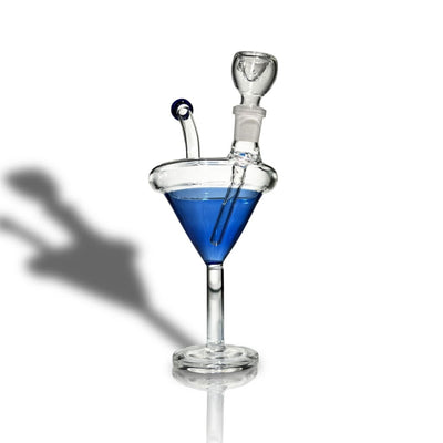Glass martini water pipe with blue liquid, decorative stopper, and borosilicate glass straw