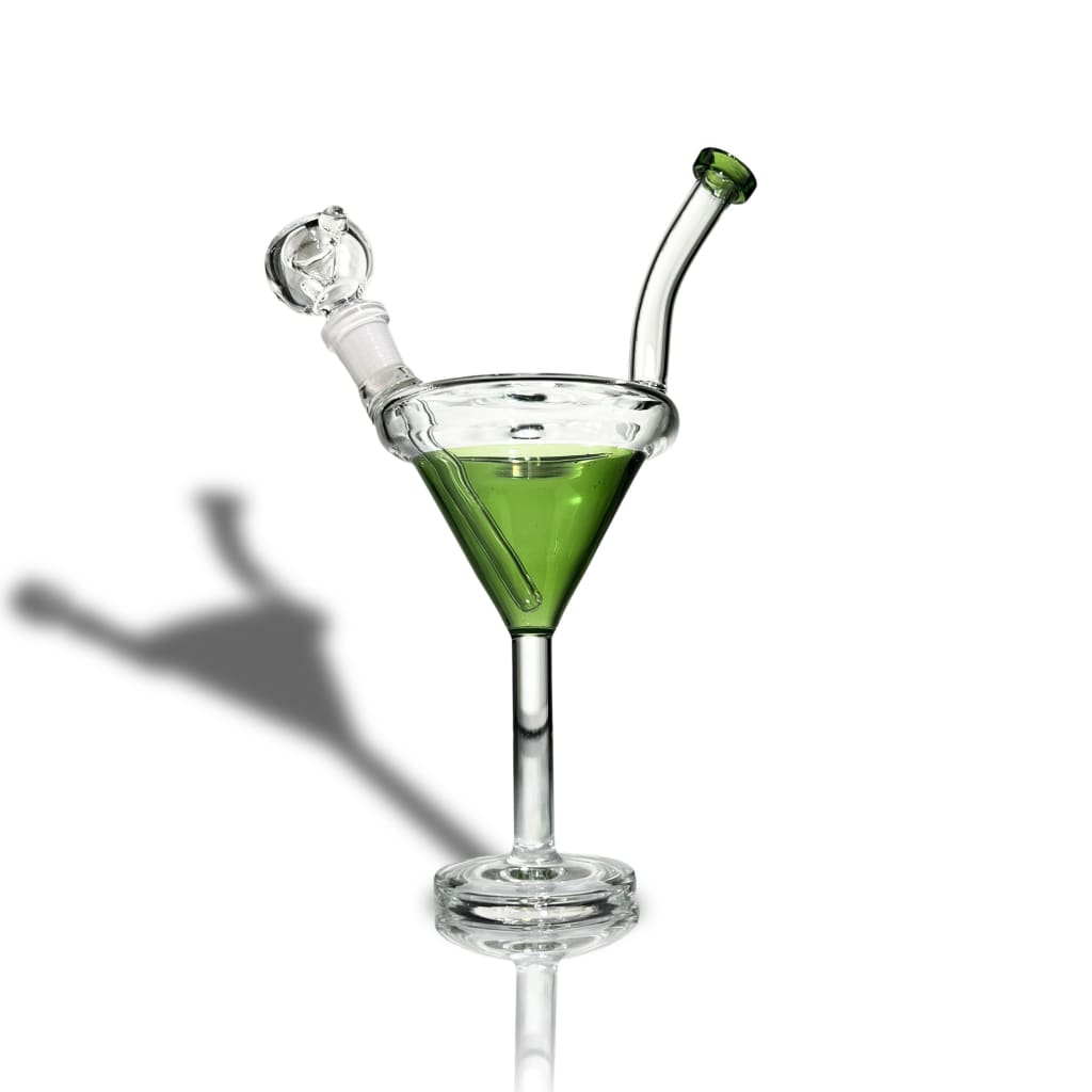 Martini water pipe in clear glass with green liquid for a hands-on smoking experience