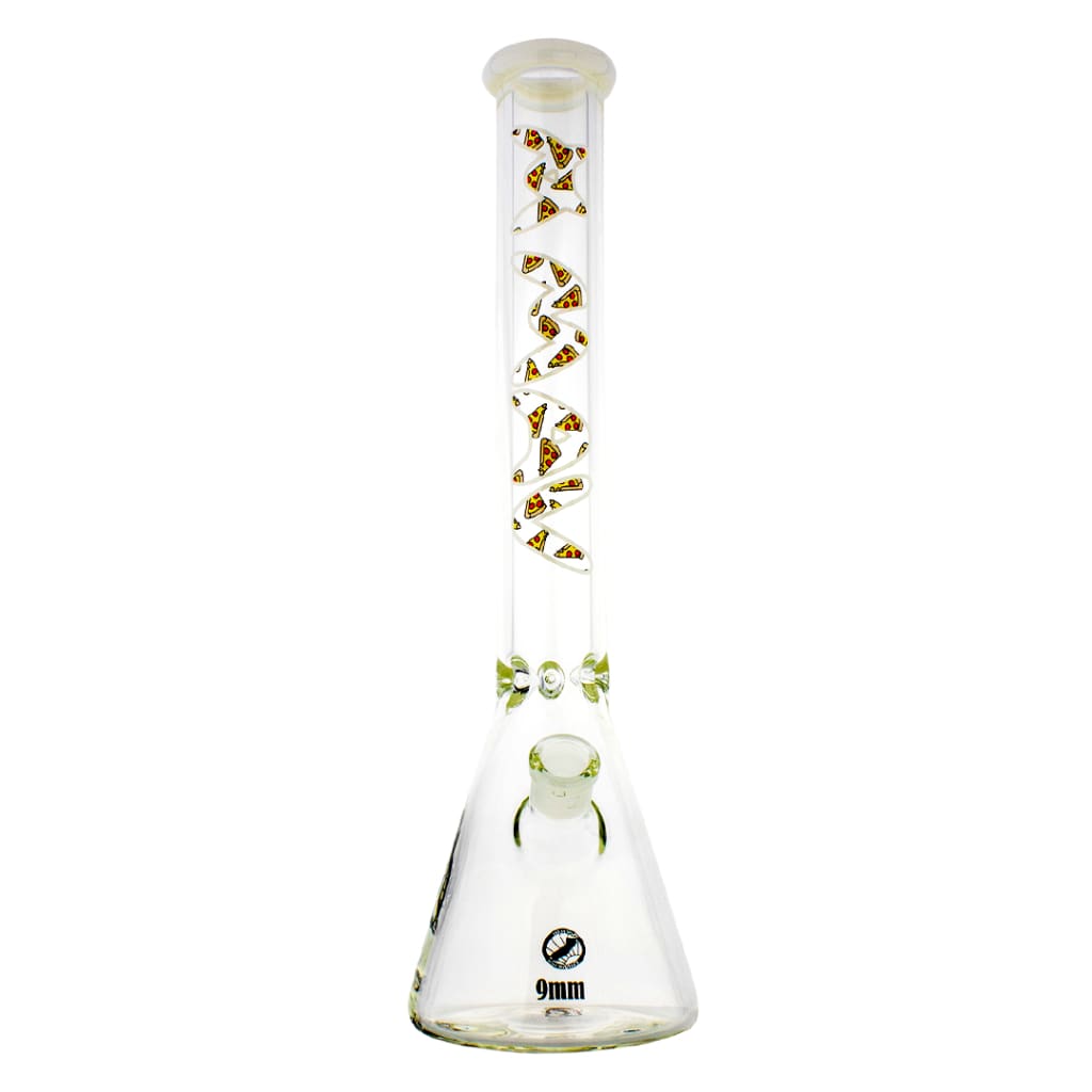 Clear glass bong with pizza slice pattern, Mav Glass White Pizza Beaker 9mm with colored lip
