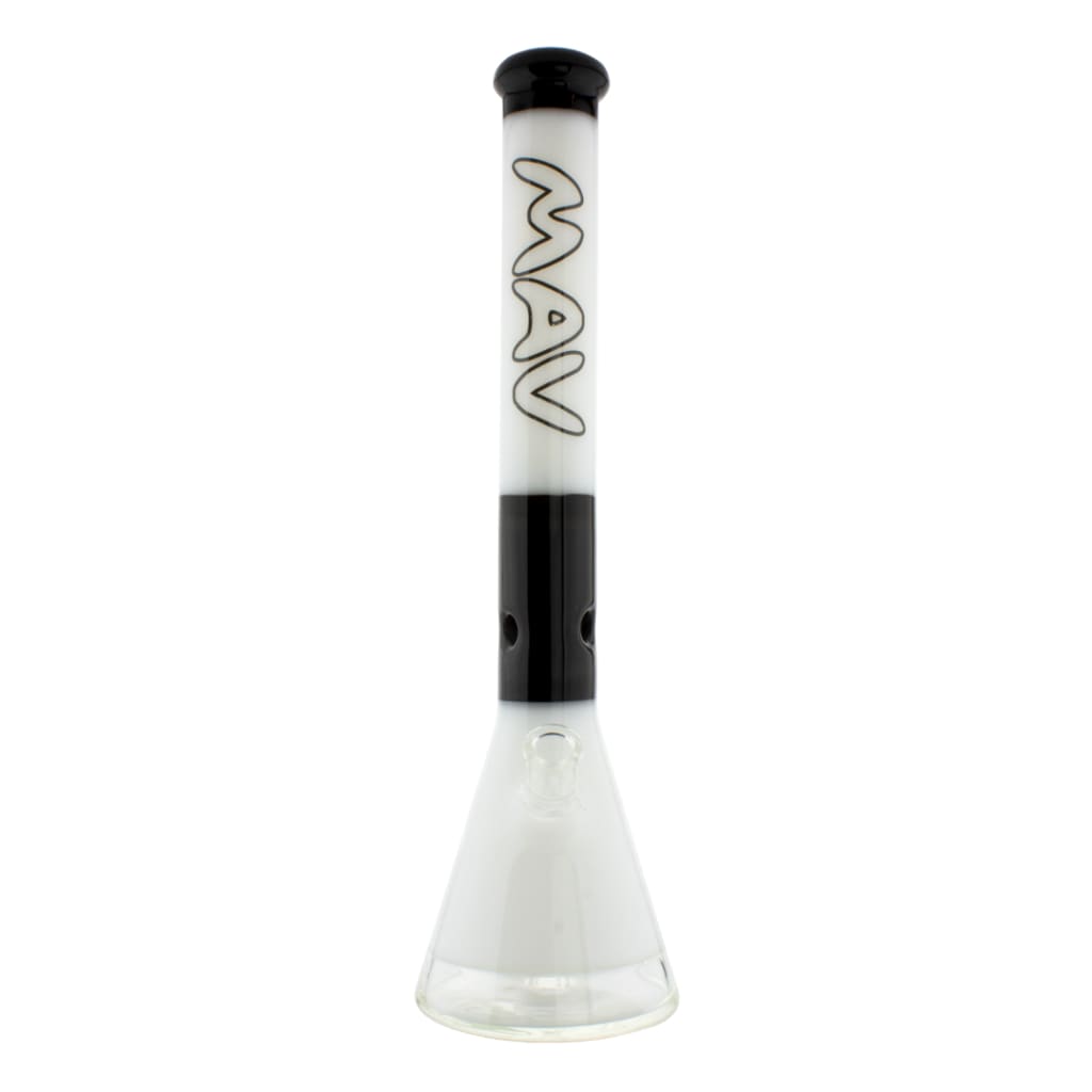 Zebra Worked Beaker By Mav 18 - Glass bong with ’MAV’ logo and black accents