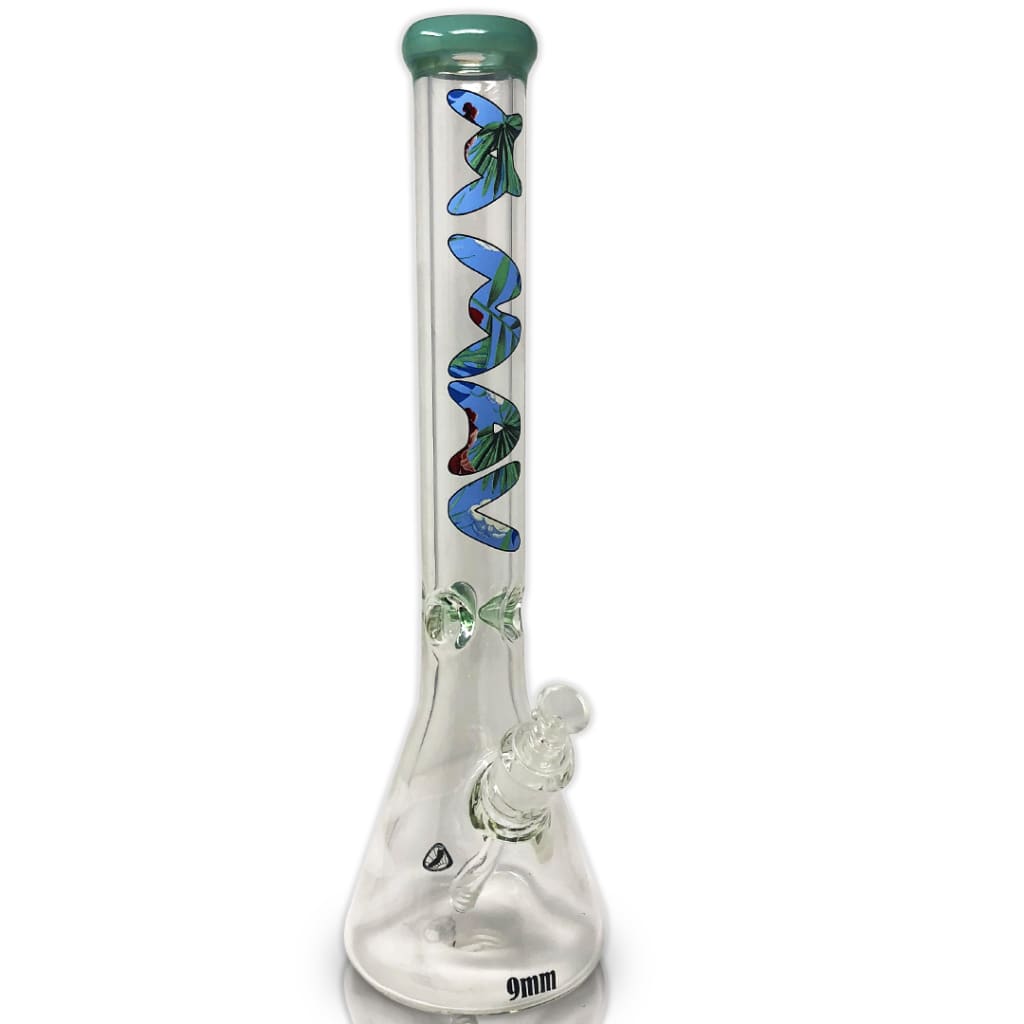 Tall 9mm Beaker with Floral Logo featuring blue and green spiral design and frosted base