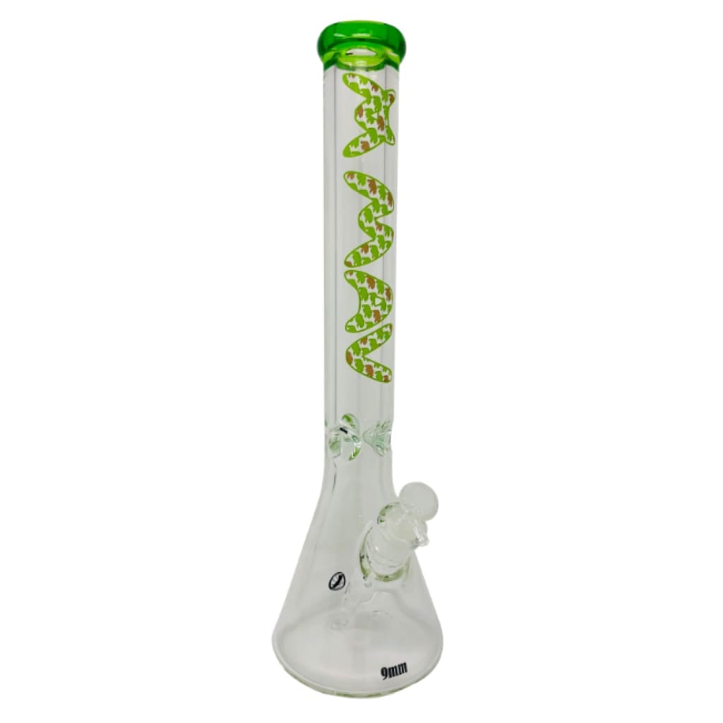 Glass bong with green snake design, ice pinch 19mm, and 19mm downstem included