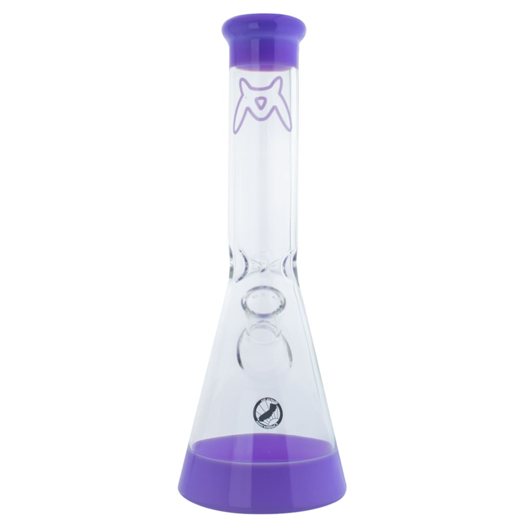 Mav Glass B44 Beaker 44mm with glass color lip and purple accents, stylized cat logo