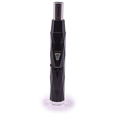 Black e-cigarette with geometric design beside Sondiko Butane Torch, refillable and adjustable