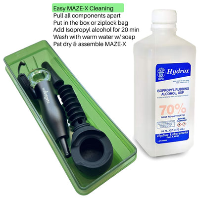 MAZE-X Pipe in green container with isopropyl alcohol for unprecedented smoke smoothness