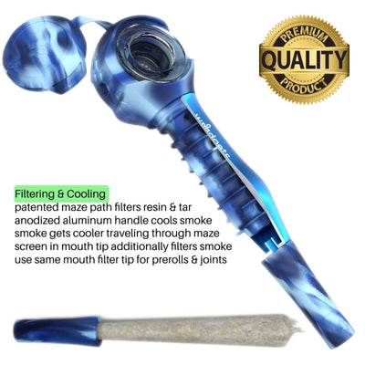 Maze-x Pipe: Blue metallic pipe with patented cough-less technology and anodized handle