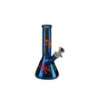 Artistic glass beaker water pipe with blue stripes and colorful frog designs