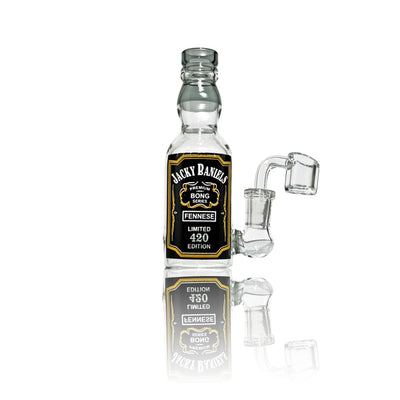 Portable Micro Jacky Rig: Glass bottle modified with bong apparatus for outdoor enthusiasts