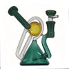 Green Glass Microscope Shaped Rig: Curved Neck, Triangular Base, Green & Yellow Accents