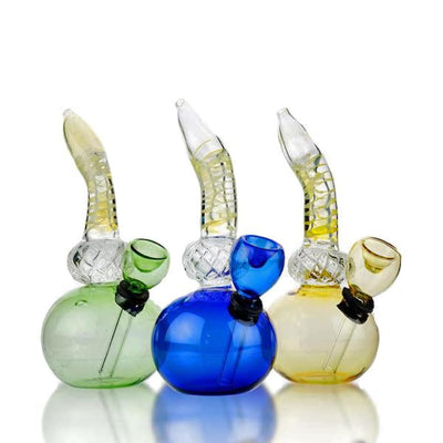 Three colorful mini water pipes with diamond design and twisting fuming in green, blue, yellow