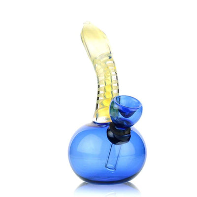 Mini water pipe with blue base, yellow stem, diamond design, and twisting fuming