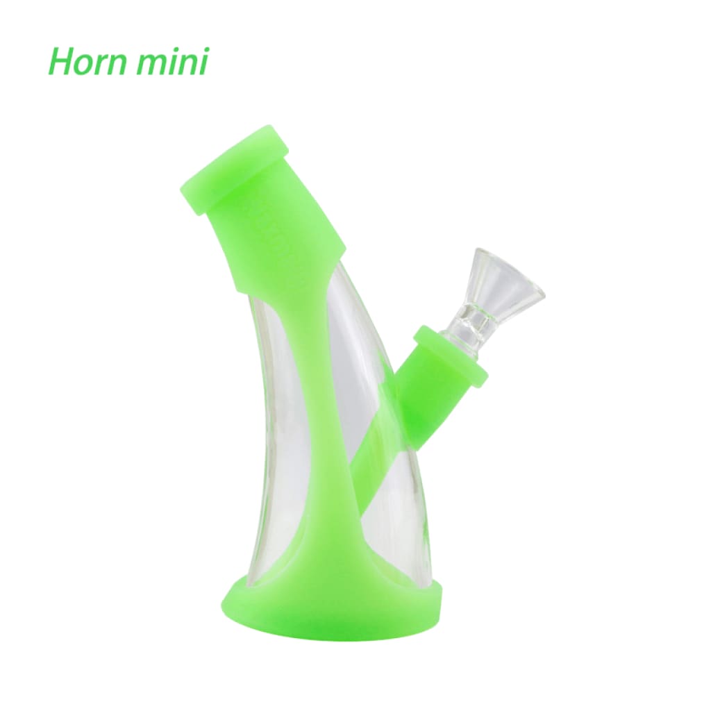 Bright green Waxmaid Mini Horn silicone water pipe with curved shape and small bowl