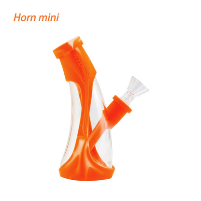 Bright orange Waxmaid Mini Horn Silicone Water Pipe with a curved shape for smooth hits
