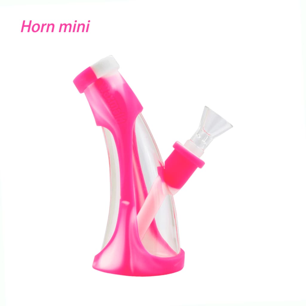 Bright pink Waxmaid Mini Horn silicone water pipe with curved design and white accents